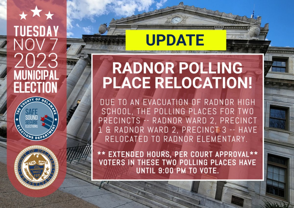 🚨 #ElectionUpdate: Radnor High School evacuation affects Radnor Ward 2, Precincts 1 & 3. 🏫 New location: Radnor Elementary, 20 Matsonford, Wayne PA. 🗳️ Court has approved voting extension UNTIL 9pm for these 2 precincts ONLY. 🕘 Relocated precincts are now open through 9pm! 📢