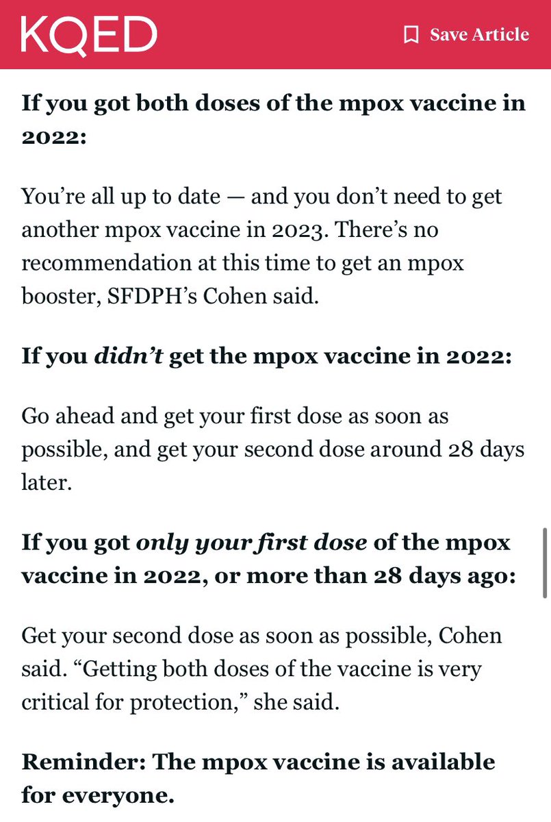 Hey Bay Area — cases of #mpox (formerly known as monkeypox) are rising again locally and statewide. 

The vaccine is free, supply is good &amp; while it won’t 100% stop you getting infected it DOES reduce those chances — and lessen the (often super painful) symptoms. Get all 2 doses!