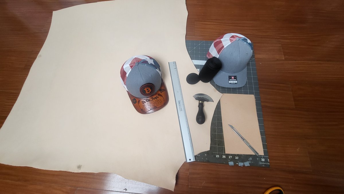 Marcology1776's tweet photo. Thanks for the love the folks showed for this!

I'm getting a few DMs with questions on how it's made.

No, the hat doesn't come with the leather on the brim. 
This is 100% handmade, and you can't buy it anywhere.

1. I cut a piece of leather from a Full Leather hide.
2. Then I engrave that leather.
3. Then I airbrush the color on it.
4. Then I glue/sew the leather brim on the hat.
5. Then I polish and coat the leather and finish off the Velcro for the patch.

I'll make a video soon! 
(One mistake and the hat is ruined!!!😱)

#PulseChain #FirstAmendment #LeatherCraft #Crafting #FreedomOfSpeech