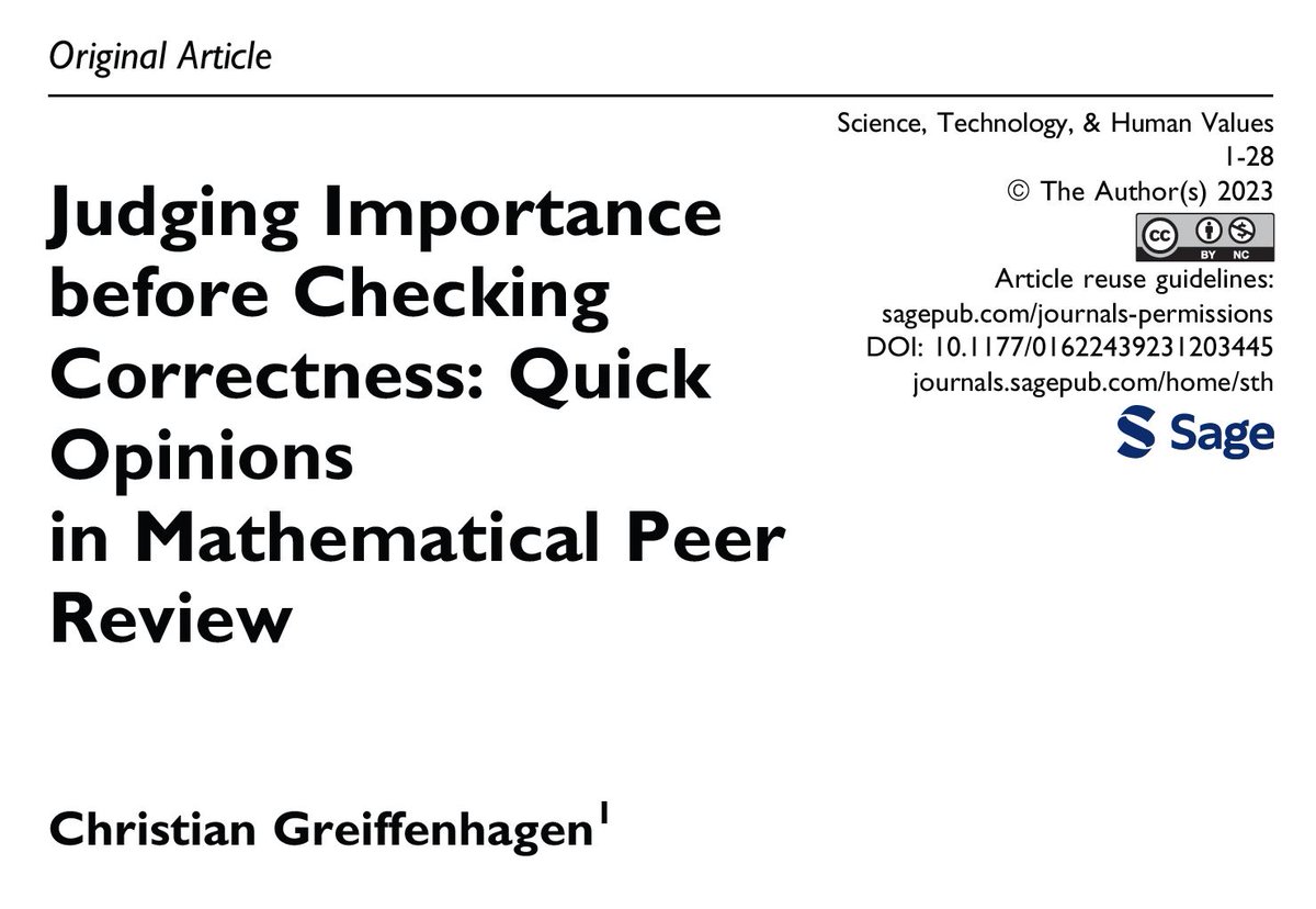 Very happy today: Finally two papers from my project on peer review in mathematics" have been published. Drawing on 95 qualitative interviews with journal editors, I explore how referees judge importance and check correctness. tinyurl.com/3c9mprww
&amp; tinyurl.com/bddf9544
