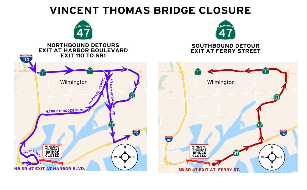 Port of Los Angeles (@portofla) on Twitter photo ⚠️REMINDER: Traffic advisory from <a href="/CaltransDist7/">Caltrans District 7</a>: Closures on the Vincent Thomas Bridge (SR 47) will take place overnight in the northbound direction on Tuesday, Nov. 7 and Wednesday, Nov. 8, from 8 p.m. to 6 a.m. Seek an alternate route if possible. quickmap.dot.ca.gov ⚠️REMINDER: Traffic advisory from <a href="/CaltransDist7/">Caltrans District 7</a>: Closures on the Vincent Thomas Bridge (SR 47) will take place overnight in the northbound direction on Tuesday, Nov. 7 and Wednesday, Nov. 8, from 8 p.m. to 6 a.m. Seek an alternate route if possible. quickmap.dot.ca.gov