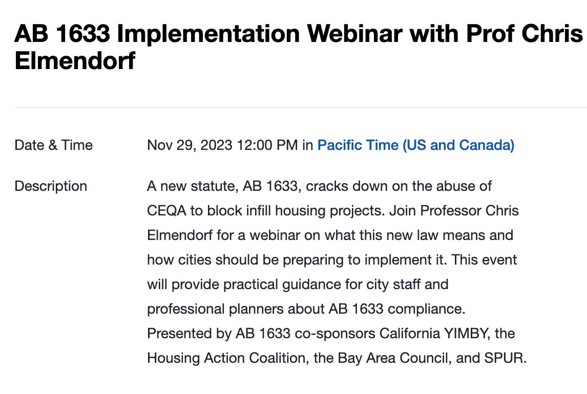 🥳 Register today & mark your calendars for my upzoning webinar on AB 1633, co-sponsored by @cayimby, @SPUR_Urbanist, @BayAreaCouncil & @HACdotorg. 

City planners & attorneys are especially welcome!

11/29/2023. noon - 1 pm PST.

us02web.zoom.us/webinar/regist…