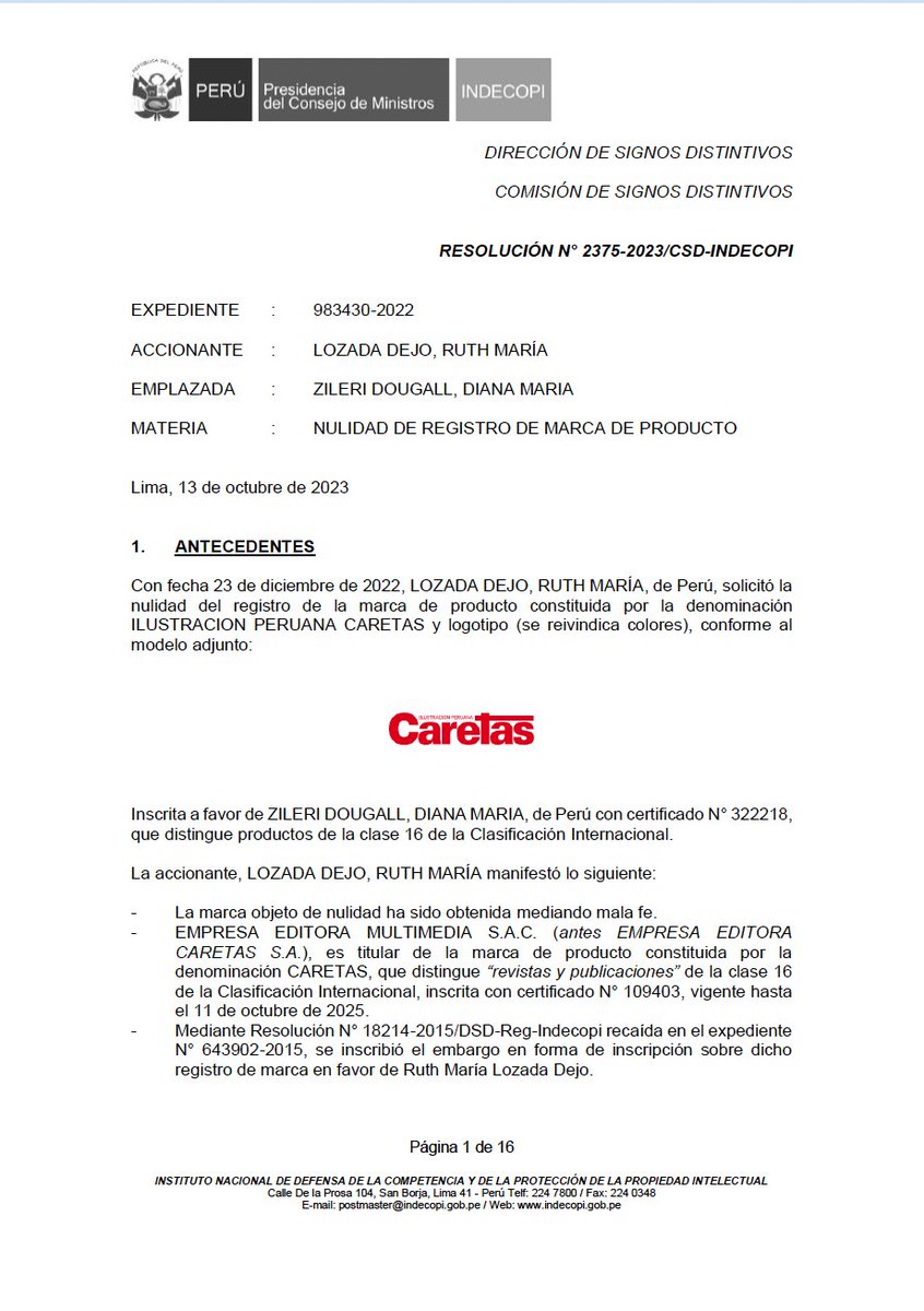 eloymarchan's tweet photo. Hace un tiempo la familia Zileri registró la marca "Caretas" en varias clases para intentar escapar del embargo judicial por deudas laborales.
La intención era seguir editando subrepticiamente la revista. Indecopi acaba de anular esos registros y dio la razón a los trabajadores. https://t.co/kWw1UZyRqq