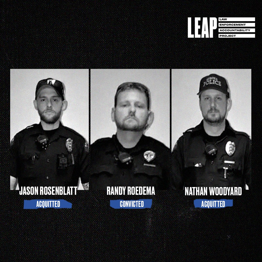 All the verdicts of the officers involved in the killing of Elijah McClain have been released. 

❌Jason Rosenblatt- acquitted of all charges.
✅Randy Roedema- convicted of criminally negligent homicide &amp; assault.
❌Nathan Woodyard- acquitted of all charges.

This is not justice.