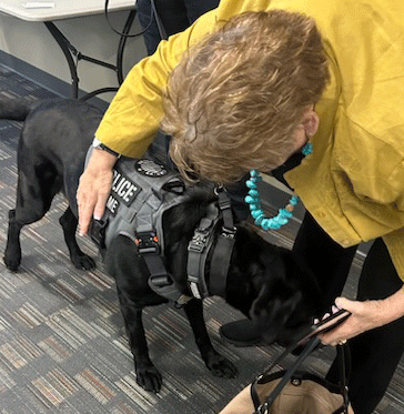 MARCKCMetro's tweet photo. K-9 Officer Dozier of @CityofGVMO, offered stress relief to 911 professionals participating in the Crisis Intervention Team Training in @CityofLS. 
The training helps improve communication with community members living with mental illness and addiction disorders. https://t.co/CAeB6JYG27