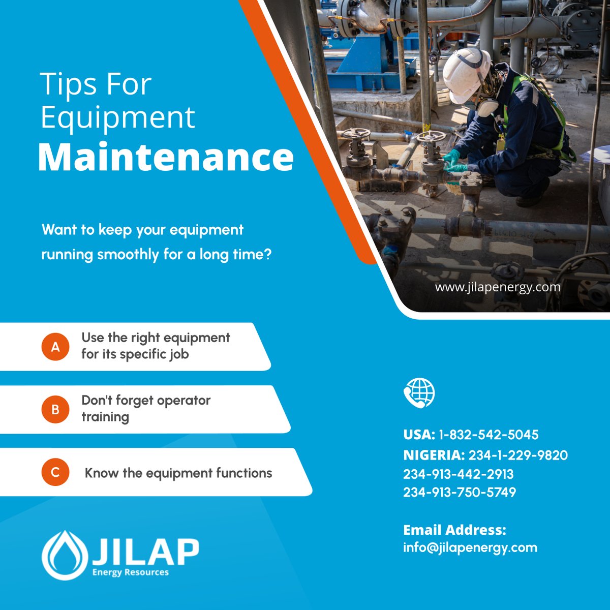 jilap_energy's tweet image. Equipment maintenance is crucial to minimize repair costs &amp;amp;amp; keep them running smoothly for a long time. It helps you save time and other additional expenses, allowing you to extend equipment life for a long time.

#OilAndGasSolutions #EquipmentMaintenance #RichmondTX