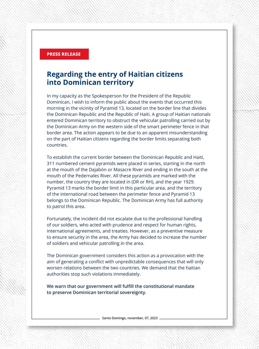 Comunicado oficial sobre la entrada de ciudadanos haitianos a territorio dominicano en las proximidades de la Pirámide 13. 🇩🇴📢