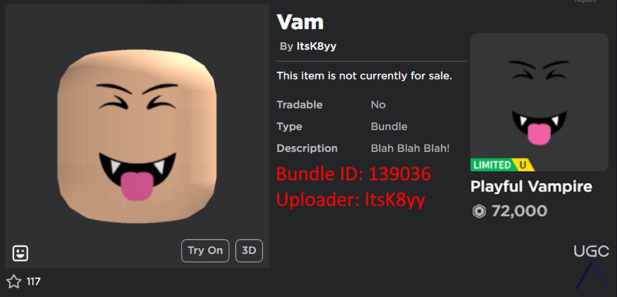 Peak” UGC on X: UGC creator Pxnn7 uploaded a 1:1 copy of the item Epic  Vampire Face. This is the 2nd one from this creator. #Roblox #RobloxUGC   / X