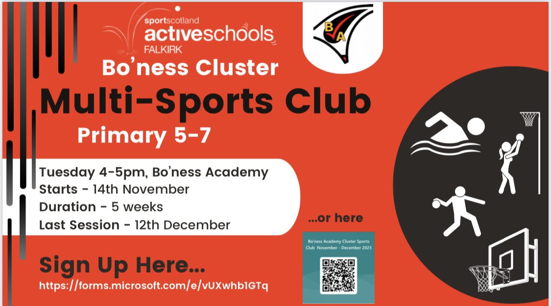 Steph Active Schools (@asc_steph) on Twitter photo Our ever-popular multi-sports cluster club is back! 🤩
This block we will be running swimming, netball, basketball and, for the first time ever, TCHOUKBALL!
You can sign up via the Microsoft forms link or scan the QR code below.
<a href="/Boness_HWB/">Bo'ness Academy - PE</a> <a href="/Mrs_Buchanan/">Mrs Buchanan</a> Our ever-popular multi-sports cluster club is back! 🤩
This block we will be running swimming, netball, basketball and, for the first time ever, TCHOUKBALL!
You can sign up via the Microsoft forms link or scan the QR code below.
<a href="/Boness_HWB/">Bo'ness Academy - PE</a> <a href="/Mrs_Buchanan/">Mrs Buchanan</a>