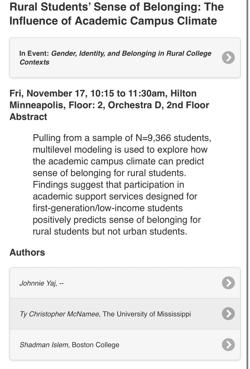 As <a href="/ASHEoffice/">ASHE</a> Conference approaches join my colleagues and me for sessions on rural students’ sense of belonging in higher ed and college experiences of a rural poor South Asian woman student. Looking forward to presenting w/ Johnnie Yaj <a href="/shadmanislem/">Shadman Islem</a> <a href="/jrdavisroger/">Roger Davis Jr.</a> <a href="/JenayWillis/">Jenay Willis</a>!