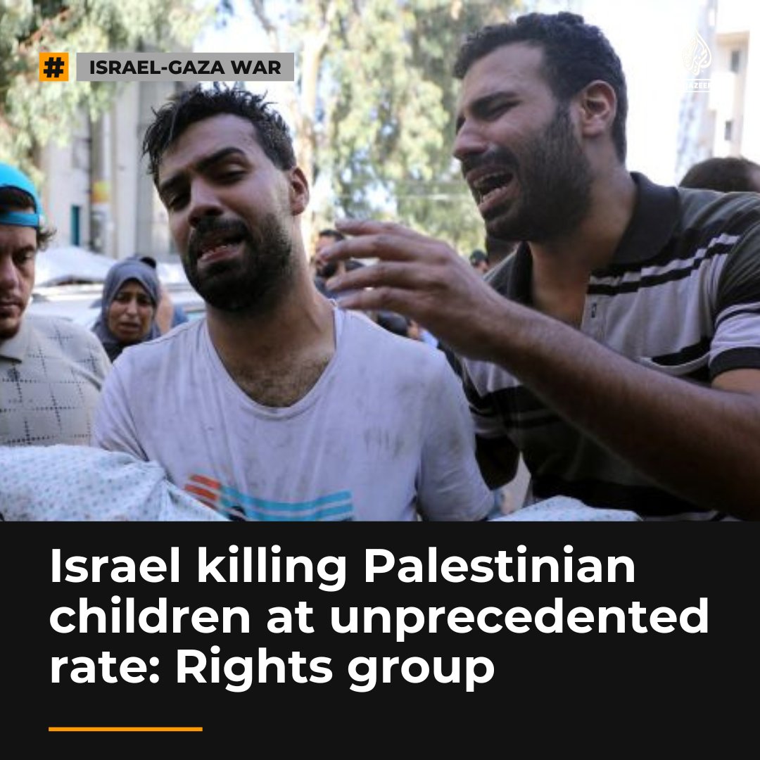AJEnglish's tweet photo. Around 1,350 children are missing in the rubble, with most presumed dead as Israeli forces kill double the number of Palestinian children in Gaza this month, surpassing the combined total killed in the occupied West Bank and Gaza since 1967.

🔴 LIVE updates: https://t.co/PEtCoYbyvB