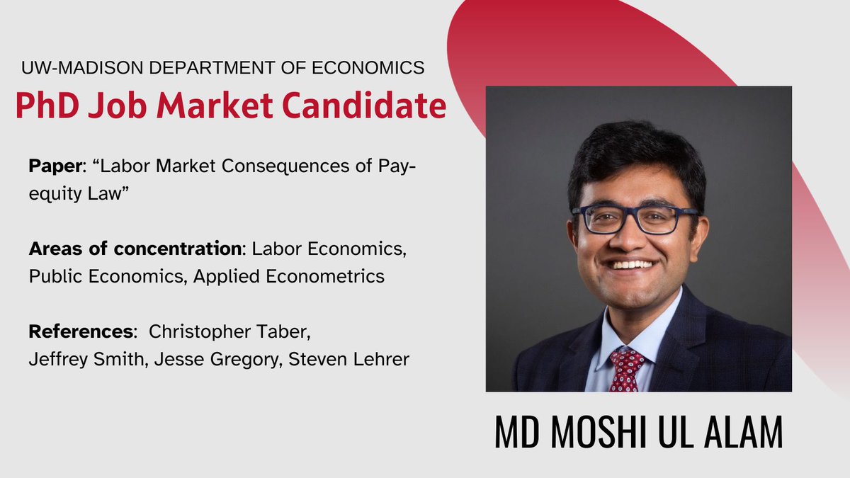 In his JMP, Moshi (<a href="/MoshiAlam/">Moshi Alam</a>) estimates the impact of a pay-equity law using linked employer-employee data in an event-study design. Leveraging key institutional details, he documents large unintended consequences. #EconJobMarket #EconTwitter econ.wisc.edu/staff/alam-md-…