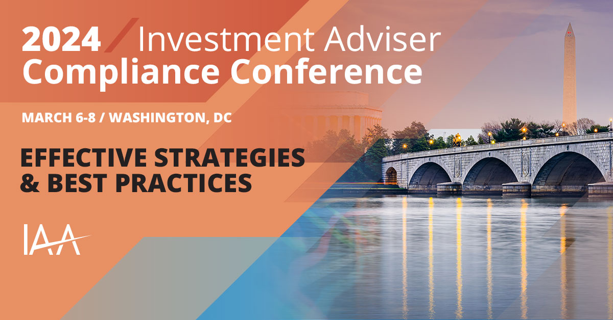 IAA_Today's tweet photo. Two days. 25 sessions to choose from on crucial topics for advisers. And hundreds of your industry colleagues. Join us for the 2024 IAA #InvestmentAdviser Compliance Conference, March 6-8. Registration is now open! #IAAComCon
https://t.co/ltVjVFmFfU https://t.co/FPRcaO2fis