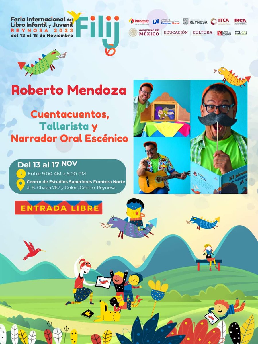 🎉📖🖌️🎨🥳 Roberto Mendoza, Cuentacuentos, Promotor de Lectura, Músico, Intérprete de Kamishibai, Caricaturista, Historietas, Médico de la risa y Licenciado en Diseño, originario de Cd. Mante, Tamaulipas., México.