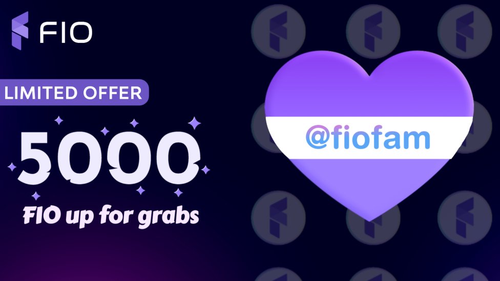 HEY FIO FAAAM!🫂 ☺️

To celebrate 100k, everyone in the FIO Family gets EXCLUSIVE access to the @ fiofam domain this week!
 
🏆 5 random winners will receive 1000 FIO each👏🏼 

HOW TO ENTER⬇️

🎆Register a new FIO Handle using the domain @ fiofam on app.fio.net

🎆Drop