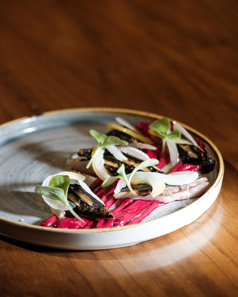 Mackerel crudo, beet puree, kohlrabi, preserved lemon &amp; onion oil