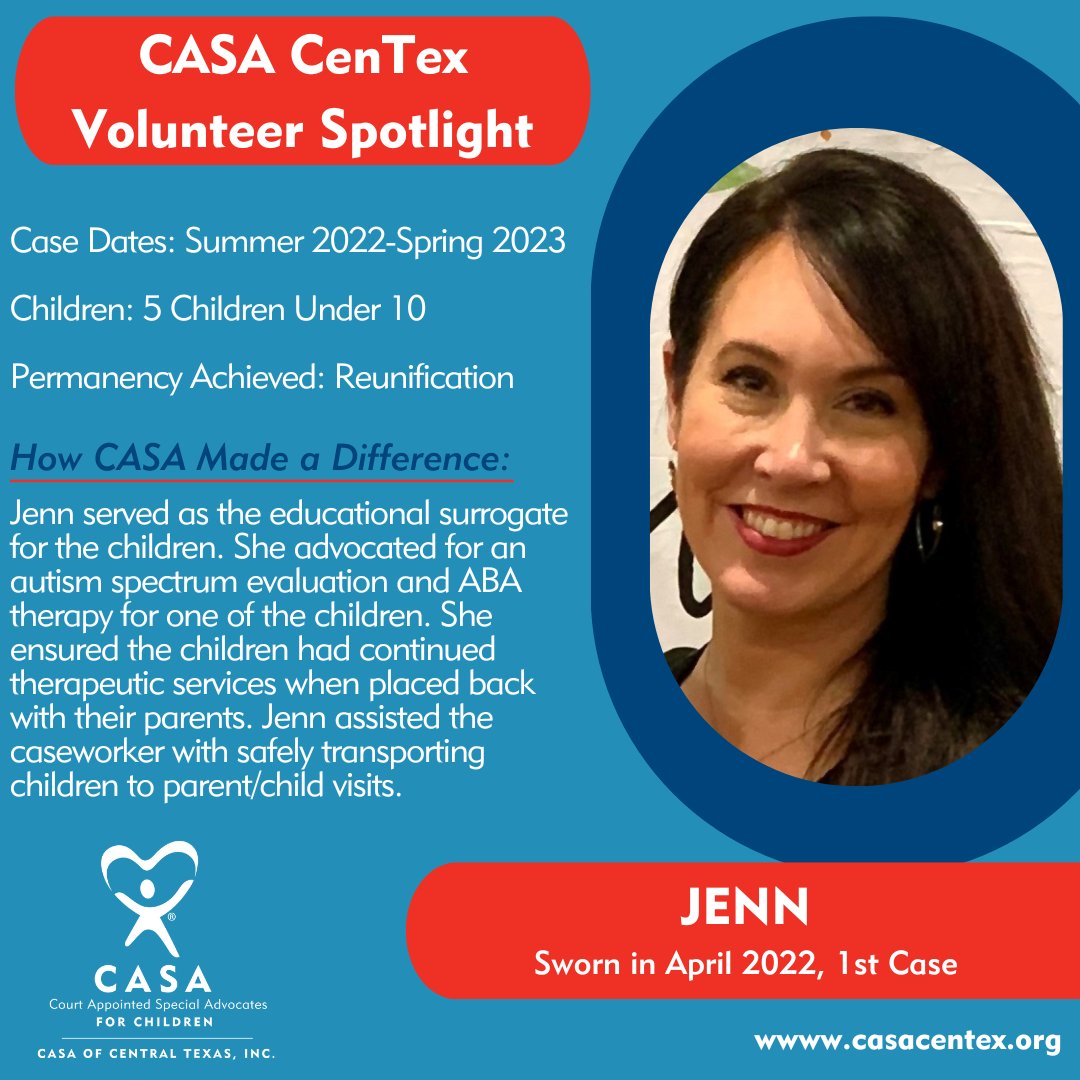 Volunteer Spotlight & Permanency Recognition time--We could not do what we do without these dedicated advocates! 

Next up--Jenn!

Interested? Apply here: ow.ly/poeQ50Mk6VI

Do you know someone who would make a great advocate? Nominate them here: ow.ly/Ef1x50Mk6VH