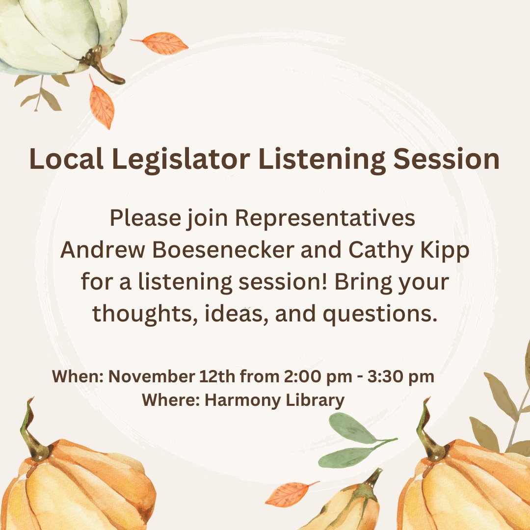 Representative Boesenecker and I will be hosting another Local Legislator Listening Session next Sunday, November 12th from 2:00-3:30 pm at the Harmony Library on the corner of Shields St and Harmony Rd, 4616 S Shields St, Fort Collins, CO 80526. Hope to see you there!