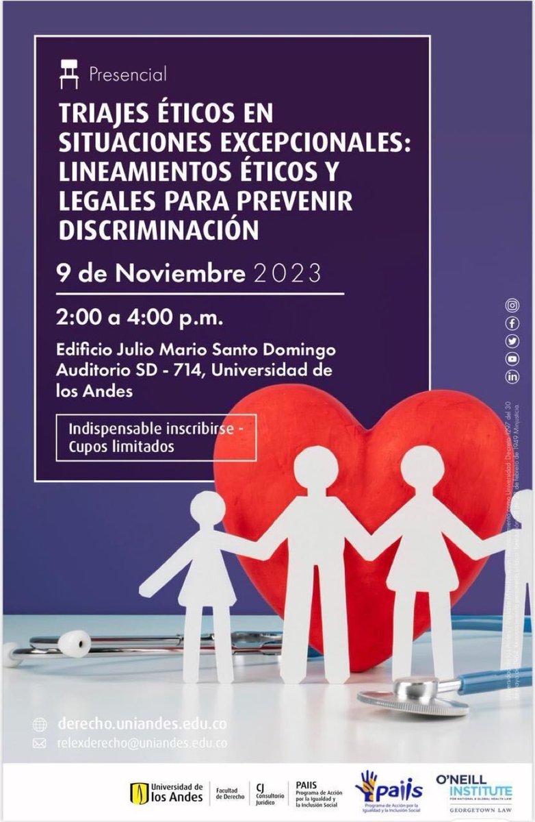 El próximo jueves estaremos presencialmente en la Universidad de los Andes debatiendo el fallo de la <a href="/CConstitucional/">Corte Constitucional</a> sobre los llamados “triajes éticos” en la pandemia, incluyendo la #discriminación por edad y discapacidad. Les invitamos a inscribirse👇 derecho.uniandes.edu.co/es/triajes-eti…