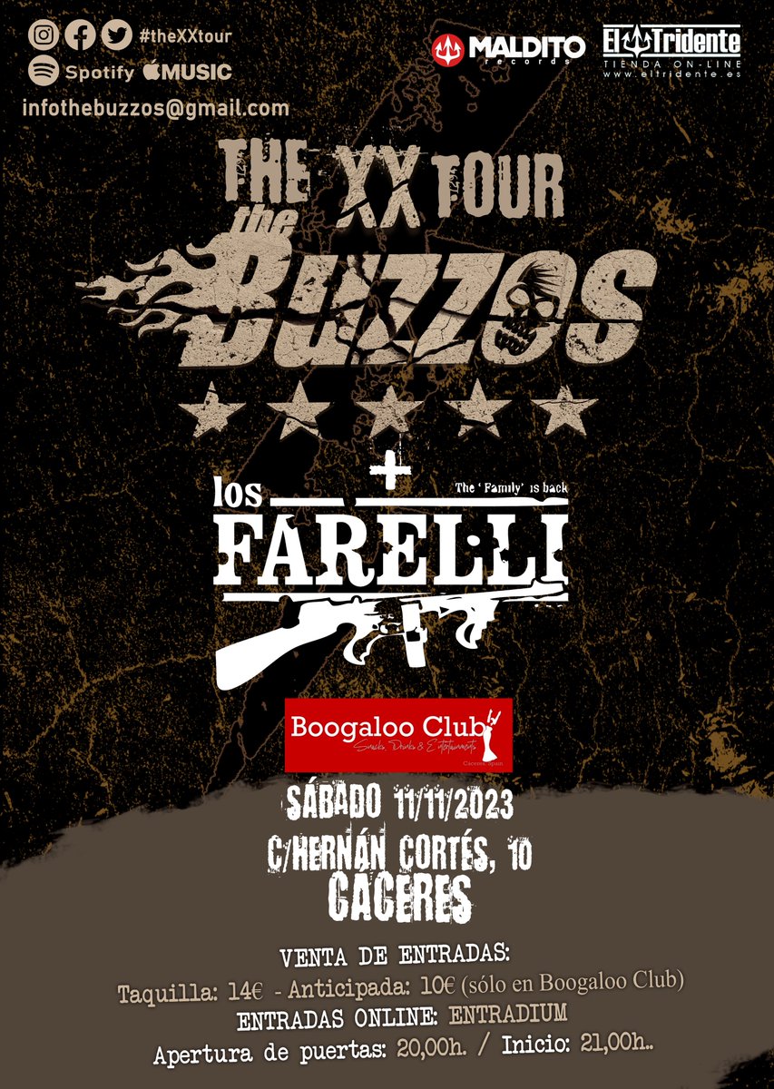 The Buzzos estaremos este sábado en Boogaloo Club en Cáceres junto a Los Farelli, fiestón de rock´n´roll asegurado. Entradas online en <a href="/entradium/">entradium</a> : goo.su/FU75 
#thebuzzos #losfarelli #boogalooclubcaceres #thexxtour #Caceres #Extremadura #rocknroll