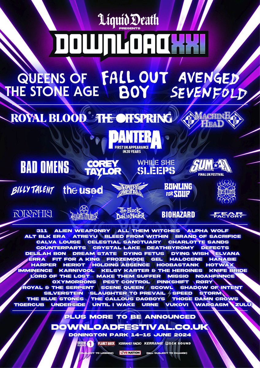 Download Festival have revealed the first names on the 2024 lineup including…

Fall Out Boy
Avenged Sevenfold
Queens Of The Stone Age
The Offspring
Royal Blood
Pantera
Sum 41
Bad Omens
Corey Taylor
While She Sleeps
The Used
Bowling For Soup
Babymetal
Polyphia and more #DLXXI