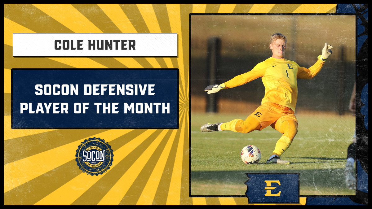 Congrats to 𝘾𝙤𝙡𝙚 𝙃𝙪𝙣𝙩𝙚𝙧 on being named @SoConSports Defensive Player of the Month for October❗️ 🔹 6-0-0 overall record (4-0-0 in SoCon play) 🔹 Four shutouts 🔹 Allowed only two goals in 540 minutes 🔹 .933 save % | 0.33 goals against average #ETSUTough 🏴‍☠️