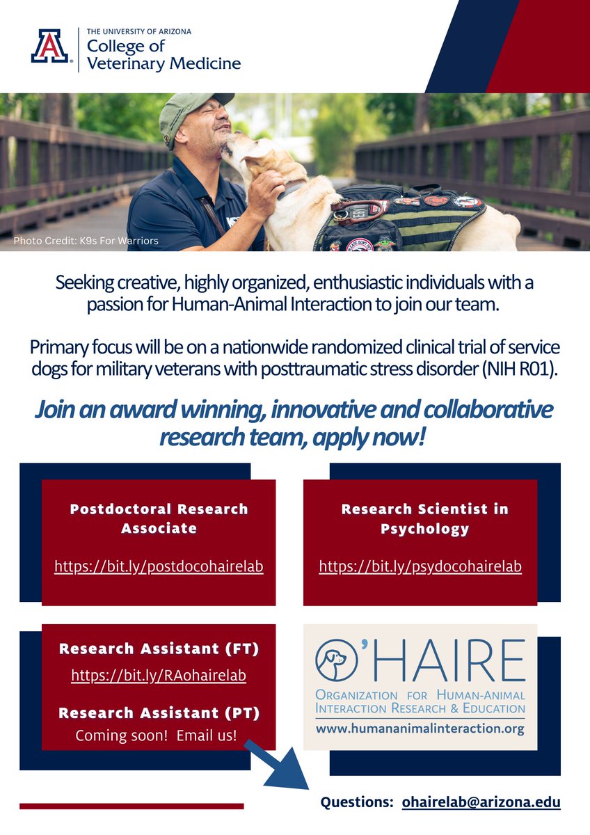 The @OHAIRElab here at @UAZVetMed is seeking applicants for many new positions for anyone interested in human-animal interaction and #PTSDservicedogs An incredible opportunity to work on an @NIH R01 and with an incredible team, as well. See below!