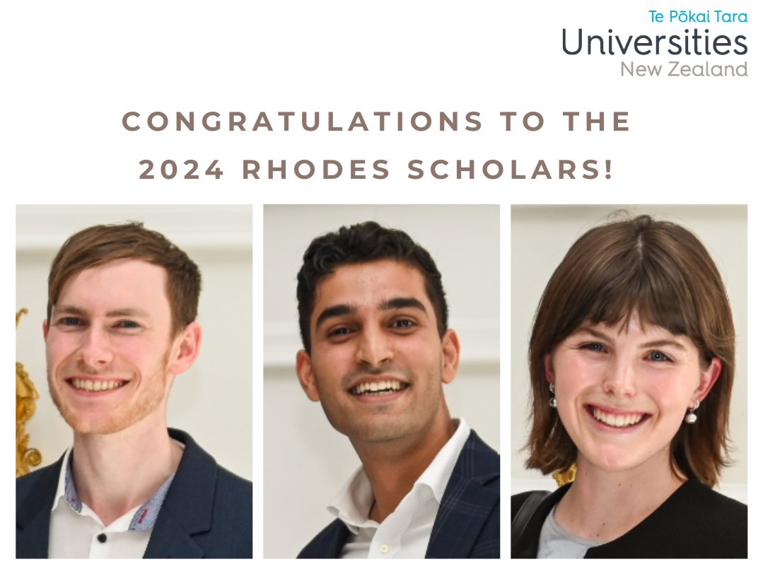 Hugest of congratulations to the 2024 Rhodes Scholars! Isaac Heron, Karan Kalsi, and Frances Wright. Read more about these exceptional young people here bit.ly/3SwMC8v @rhodes_trust @UniofOxford @AucklandUni @OtagoWellington