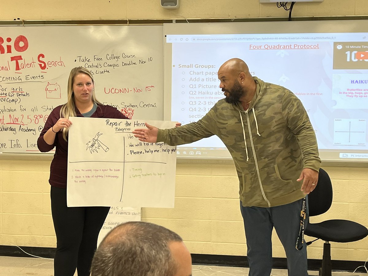 KeiraSoler's tweet photo. Middle and High School  Deans unpacking Hacking School Discipline: Hack 3 Repair the Harm. Great time learning together on #ElectionDay2023 #ProfessionalDevelopment @MrRichT1P @CSDNBCT https://t.co/eQeAk25PyA
