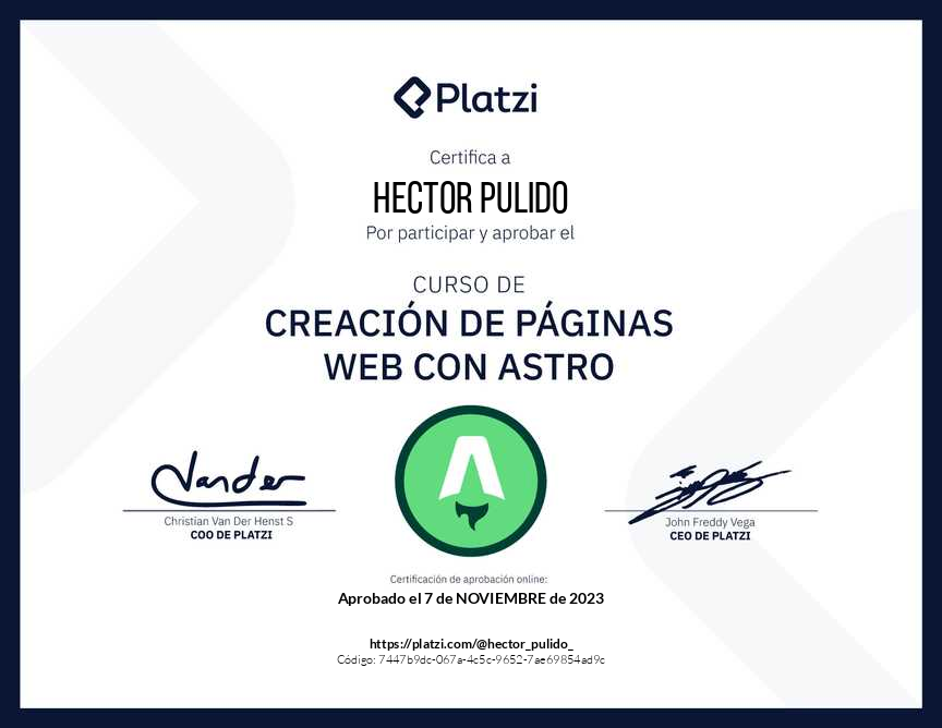 Hector_Pulido_'s tweet image. ¡Aprobé el Curso de Creación de Páginas Web con Astro en @Platzi!
Excelente curso impartido por @gndx, sin conocimientos de frontend pude hacer una página web completa, superoptimizada y con un diseño bastante decente 🤔