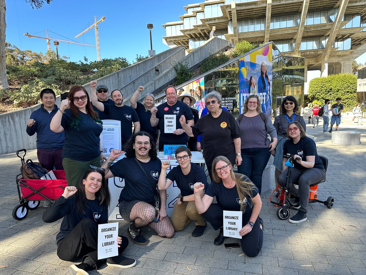 UCAFT's tweet photo. Our fearless librarian table team checking in from the first day of bargaining in San Diego! #ucaft #voteforlibrarians #unionstrong #librarianbargaining #unionbargaining https://t.co/89TNbW1VZp