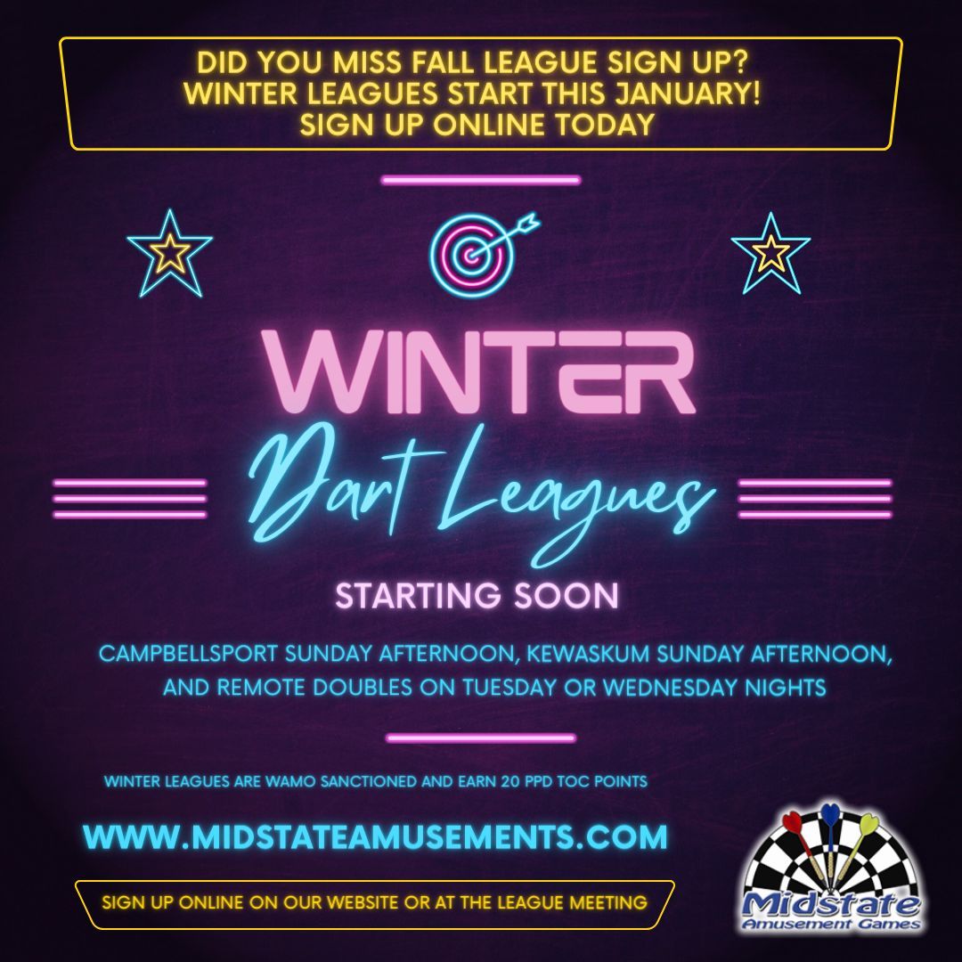 MdstateAmusemnt's tweet image. Winter Dart Leagues Sign Ups are open! Traveling leagues in Campbellsport at noon on Sundays or Kewaskum at 1pm on Sundays and Remote Doubles leagues on Tuesdays or Wednesdays at 7:30pm. 
#Darts #DartLeagues #Campbellsport #Kewaskum #Remote #WinterDarts
midstateamusements.com/index.cfm?acti…
