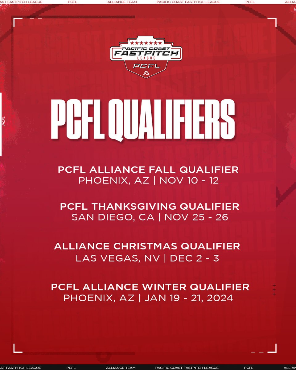 Join the PCFL for the hottest action on the Pacific Coast! 🌊🔥 We're proud members of Alliance Fastpitch and thrilled to announce our very own PCFL Qualifiers! 🏆⚡ Don't miss your chance to showcase your skills! 🙌 Sign up now to secure your spot! 💪💫