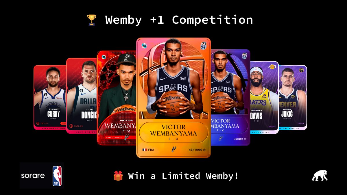 sharmanYNWA's tweet image. 🏀 Opportunity to win a @Sorare Limited Pro Card of the @spurs #NBA Phenom Rookie, Victor Wembanyama 🎁

🎲 Prediction Game over 3 rounds where you play with Draft or Unique #Wemby to try and win your very own Limited version 🔥

✏️ Full details on how to enter in below post 👇