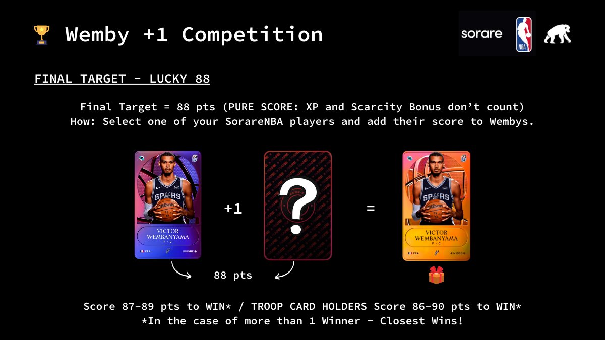 sharmanYNWA's tweet image. 📝 Wemby +1 Competition Rules explained in the images.

⏰ Deadline for first chance to enter is 18:00 EST / 23:00 CET (Same as @SorareNBA GW6).

🆕 To @Sorare? Join and play via: sorare.pxf.io/wembanynwa

🤞 Good Luck and enjoy!