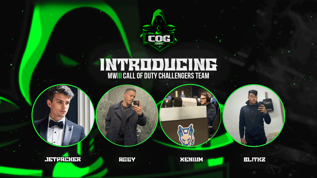COGeSports_'s tweet photo. Excited to announce our 2023-2024 Call of Duty roster:
💥 @Blitkz_  
 💥@A_Aggyy 
 💥@Jetpacker_ 
 💥@Xeniuhm  
These boys have been prepping hard and can't wait to shred the new COD MW III @CallofDuty  Be on the look out for them as they make their way onto the battlefield https://t.co/nLkg2pEkS7