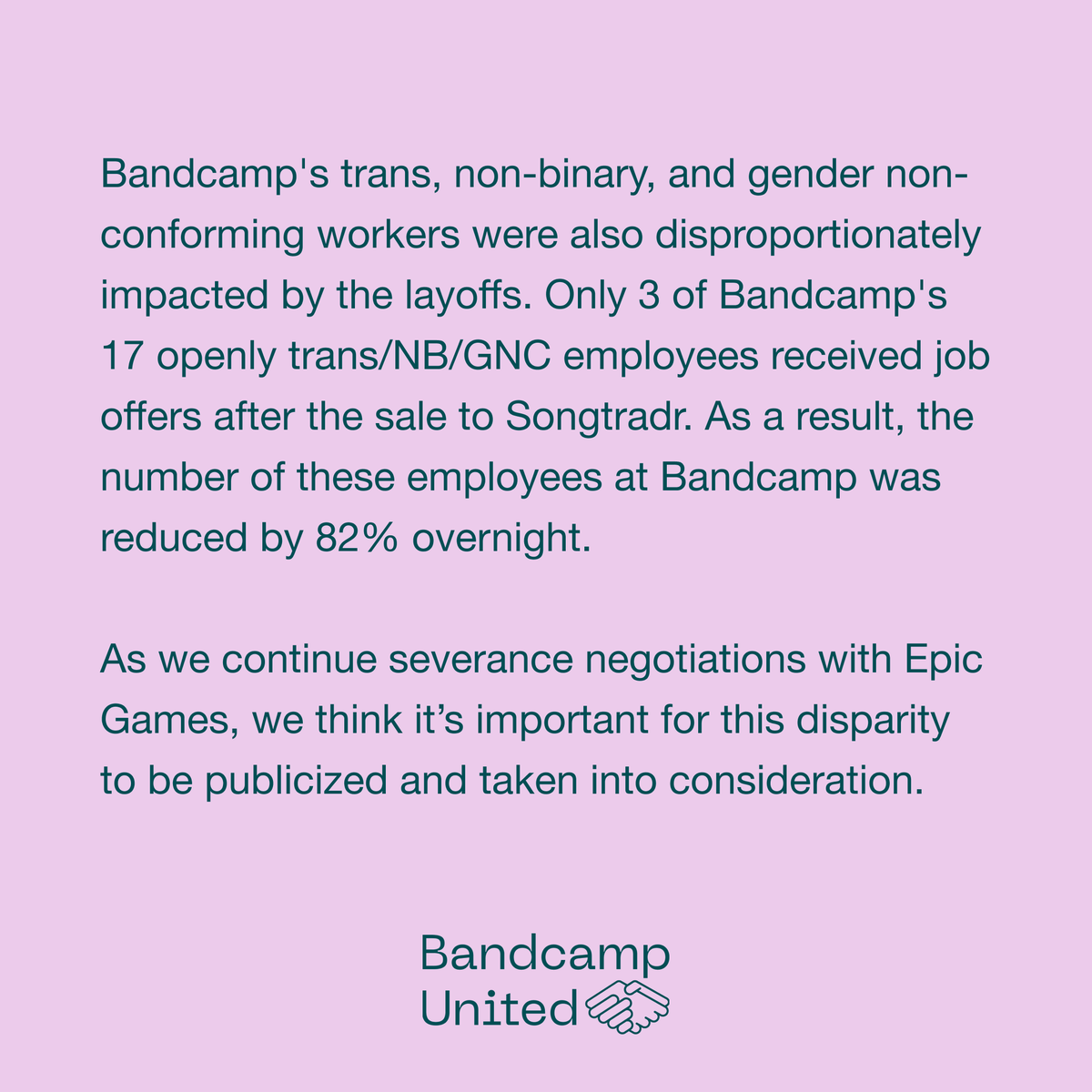 We wanted to share additional layoff demographic information. These numbers include the whole staff at Bandcamp (including non-union eligible workers), but it is important context as we return to effects bargaining with Epic Games on 11/9.