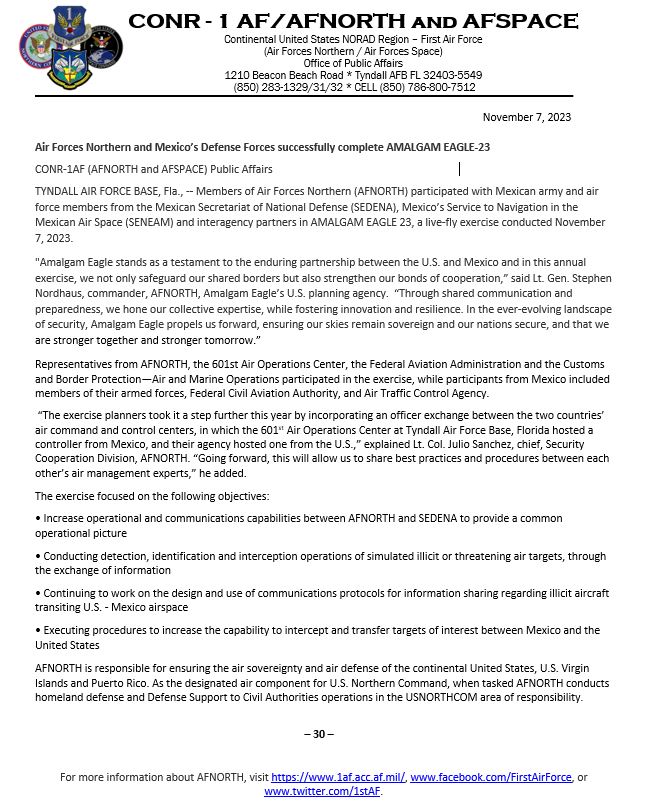 In AMALGAM EAGLE 23, AFNORTH &amp; interagency partners collaborated with SEDENA’s army &amp; air force members &amp; SENEAM for a live-fly air defense exercise Nov 7. This event simulated U.S. and Mexican aircraft intercepting two "Track of Interest" planes crossing at the US/Mexico border. https://t.co/SxOGC2qBPg