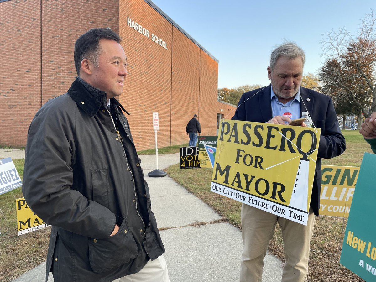 john_p_penney's tweet photo. State Attorney General William Tong out stumping for New London Mayor Michael Passero Tuesday afternoon at the former Harbor elementary school polling site. Passero, a Democrat, is seeking a third term in office. #CTElection https://t.co/yaTgKs7UqC