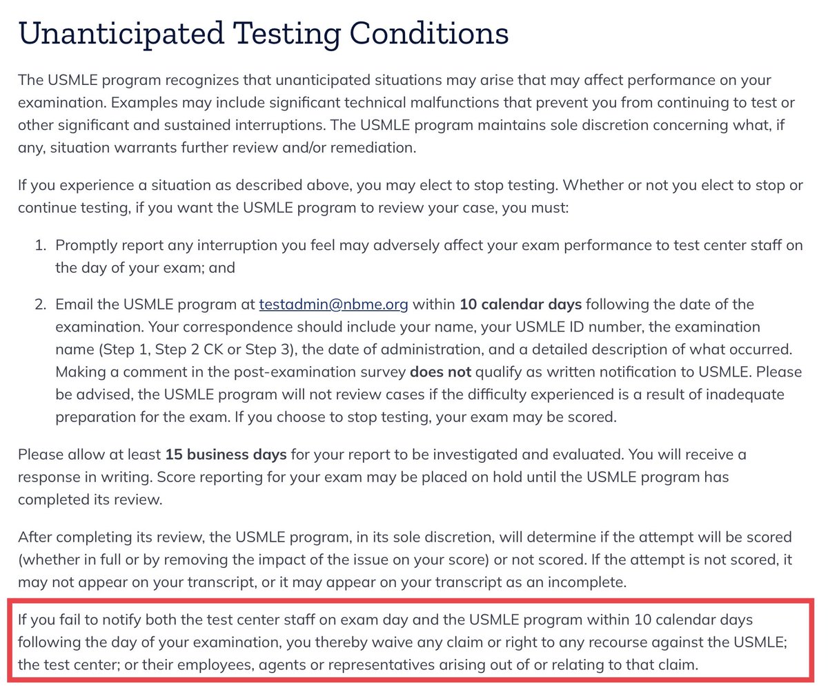 A word of warning to students taking the USMLE:

Sometimes, strange things happen on test day. Maybe the center is noisy, or the power goes out, or the computer is acting weird.

Whatever it is, YOU MUST REPORT IT TO THE TEST CENTER THAT DAY *and* TO THE NBME WITHIN 10 DAYS.

🧵