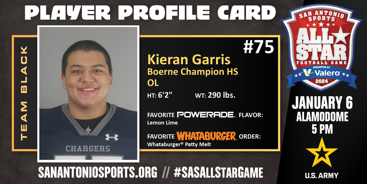 Meet <a href="/GarrisKieran/">Kieran Garris</a> from <a href="/ChampionHSFB/">We Are Champion Football</a> who will compete in the San Antonio Sports All-Star Football Game pres. by <a href="/ValeroEnergy/">Valero</a> at the Alamodome on Jan. 6 @usarmysatx #SASAllStarGame <a href="/USArmy/">U.S. Army</a> #BeAllYouCanBe <a href="/POWERADE/">POWERADE</a> <a href="/Whataburger/">Whataburger®</a>

<a href="/BoerneISD/">Boerne ISD</a>
<a href="/SamChampionHS/">Samuel V. Champion High School</a>
@WACathletics08