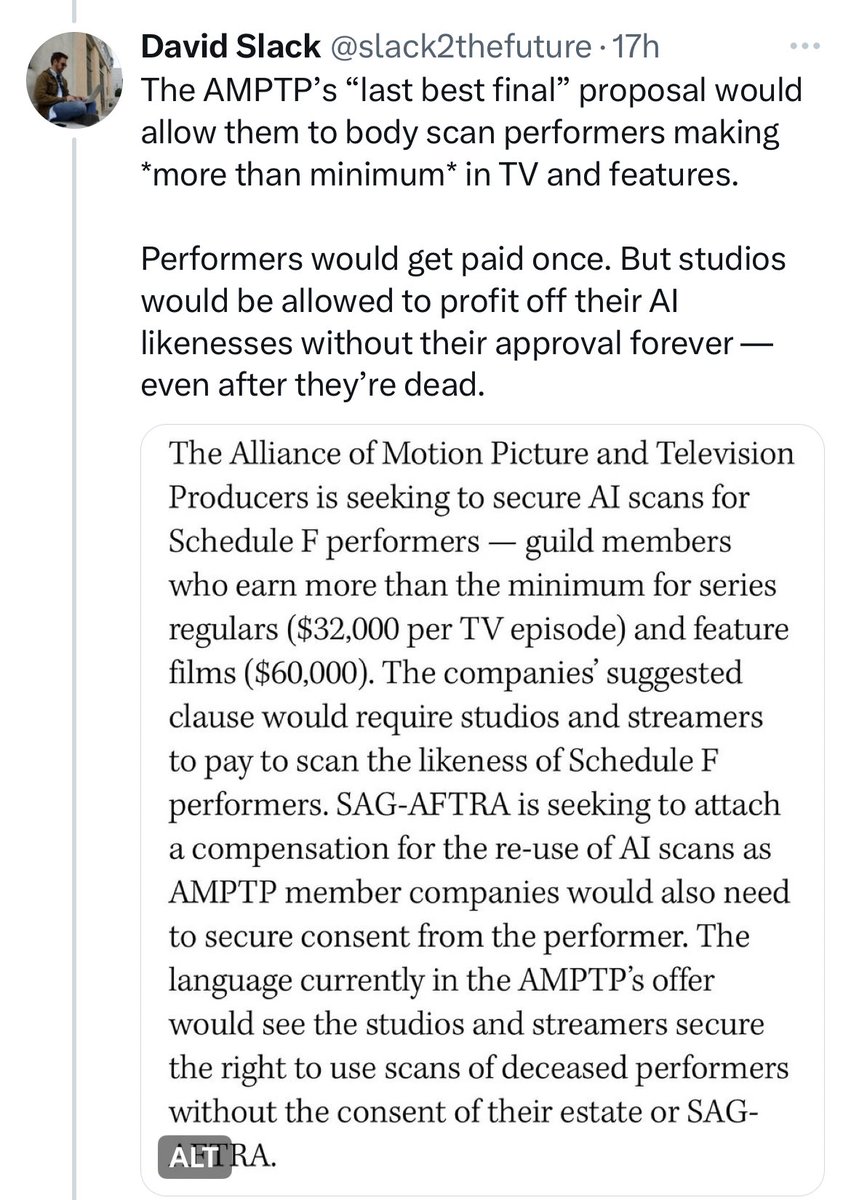 SaysHeather's tweet photo. @warrenleightTV Ummm… does THIS sound like “a win?” No f’n way. If we wait another 3 years, there will be nothing left to fight for. #ZombieClause #SagAftraStrike https://t.co/TadDpAWOUA