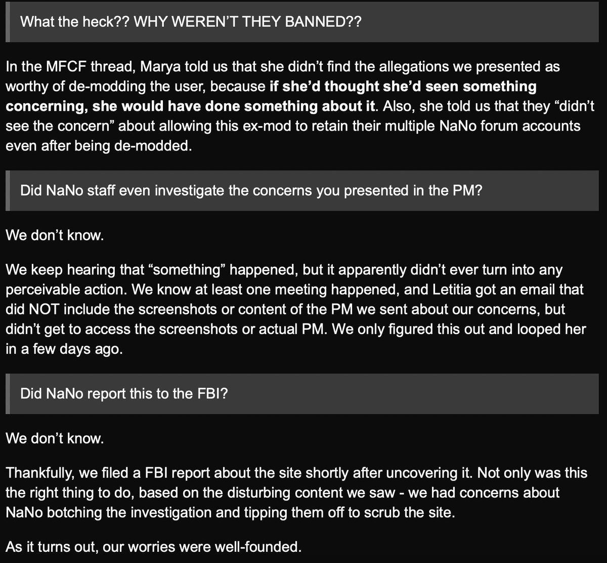 Remember how the quirky 'write a book in 30 days' #NaNoWriMo program allegedly ignored reports of minors possibly being funneled to a ADBL fetish site from their forum & allegedly didn't investigate even tho it allegedly involved one of their mods? *Pepperidge Farm Remembers*🧵