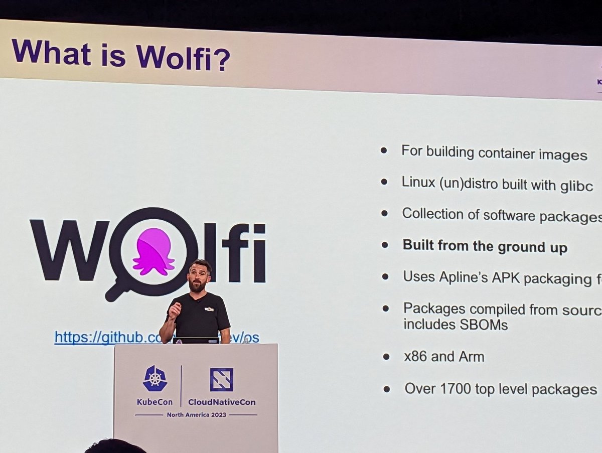 Learning about @wolfi_os at #KubeCon2023 with @jdrawlings