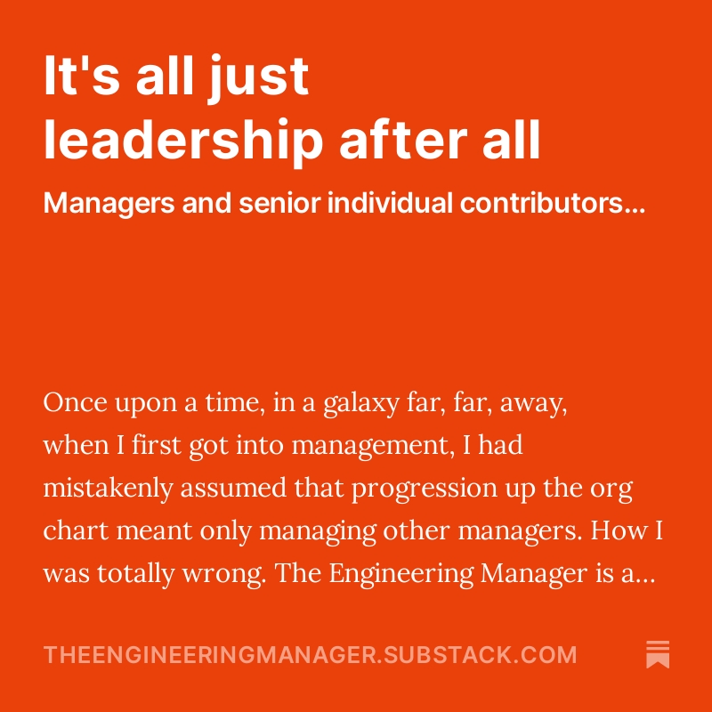 Managing other managers is actually pretty much the same as managing senior individual contributors.

It's all just leadership after all.

substack.com/home/post/p-13…