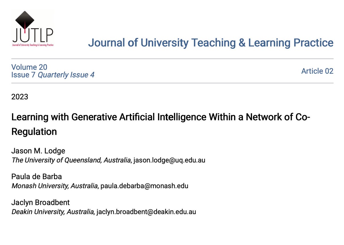 How are #students integrating #generativeAI into their #learning practices? Here @paula_barba , @JaqiBFT and I argue that these new tools are being incorporated into an increasingly complex network of co-regulation. #teaching #HigherEd #EdTech #ChatGPT ro.uow.edu.au/jutlp/vol20/is…