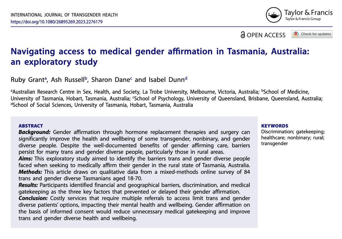 New article out now with @TrashStatsAsh exploring trans and nonbinary ppl's access to gender affirmation in Tasmania. Cost, limited services, & gatekeeping prevent timely access to life saving care for trans Tasmanians. Full article open access here: tandfonline.com/doi/full/10.10…