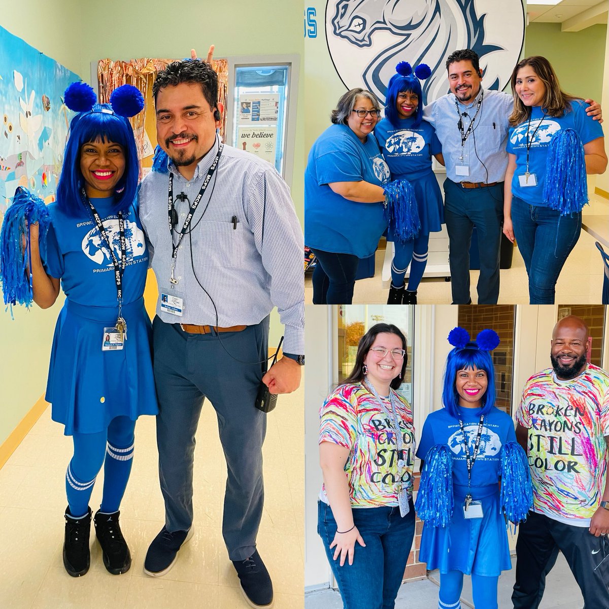 #Twinning, #Friending, and Rocking that #BrownStation💙🤍 #Blue for #MentalHealthAwareness 💚 School #SpiritWeek #BeKindToYourMind