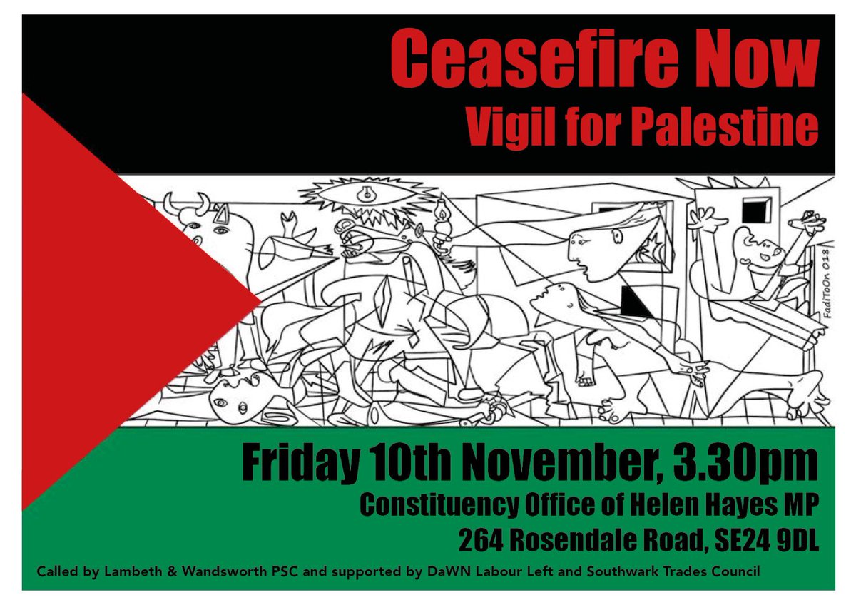 In the face of 10,000 dead and a developing genocide, we request our MP Helen Hayes join the millions worldwide demanding a #CeasefireNow

Join us this Friday at 3.30pm for a Vigil for Palestine 🇵🇸