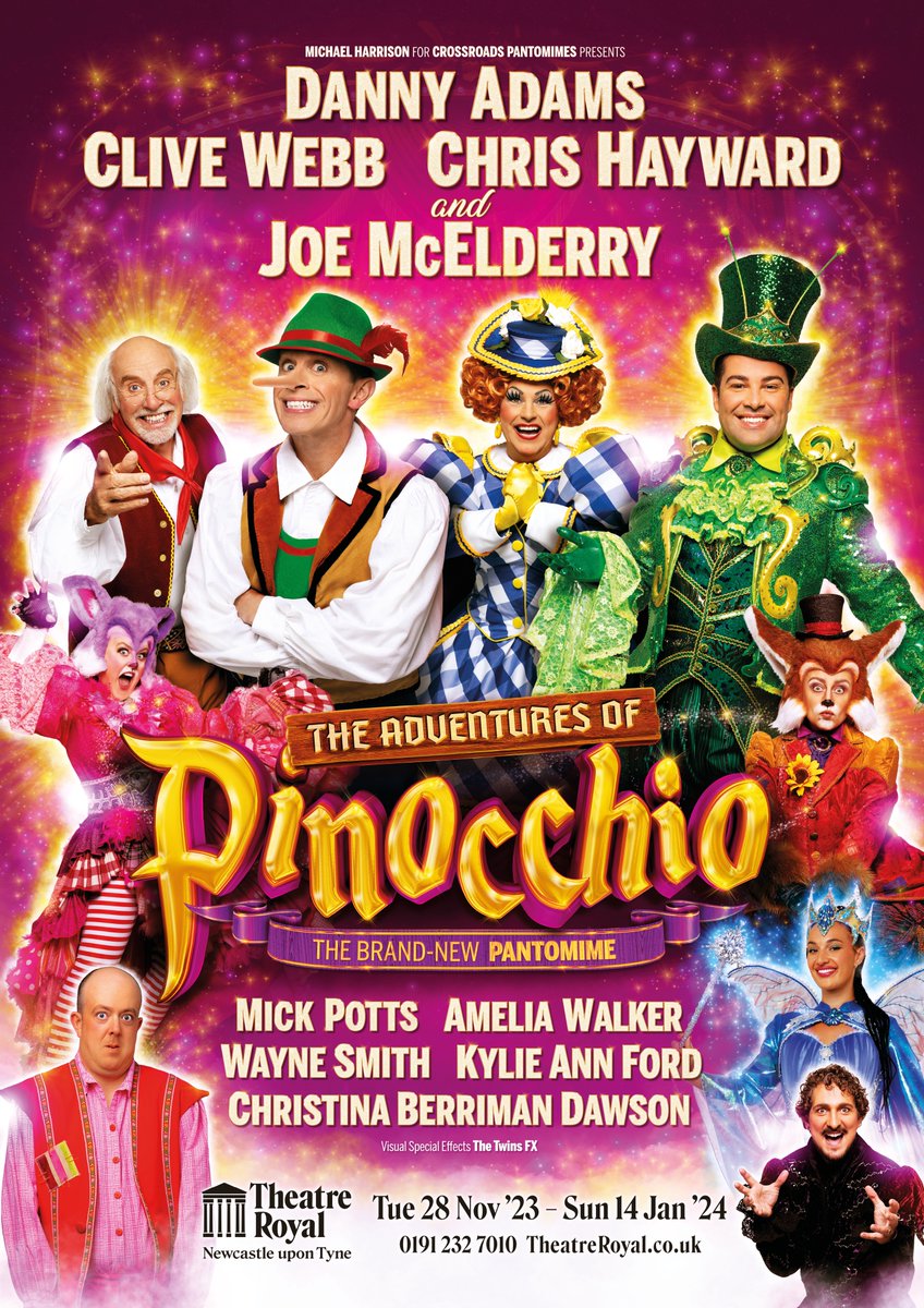 PantomimeNews's tweet photo. POSTER: Pinocchio at @TheatreRoyalNew with @DannyAdams007, @DannyandMick, #CliveWebb, #ChrisHayward, @joemcelderry91, @MrPotts, @ameliawalker__, #WayneSmith, @kyloo88 and @Berrimandawson for @MHARRISON_ENT & @XRoadsPantos #Panto #Pantomime #PantomimeNews https://t.co/qcAmWyJfye